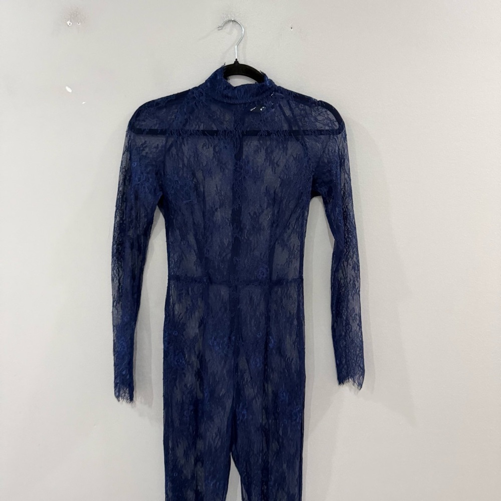 Kim Shui Bodysuit Sapphire Lace Long Sleeve High Neck in Blue - Picture 9 of 11